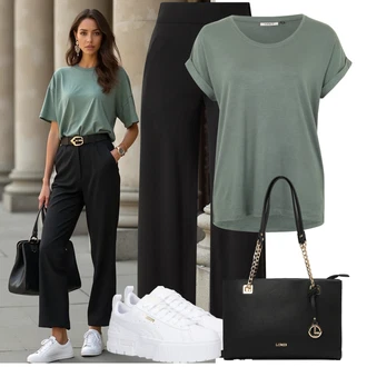 Léto Outfit s Černá/Hnědá JdY, Zelená/Tyrkysový/Tmavě zelená Tričko/Jednoduchý top/Mužské běžecké boty/Neformální tričko/Funkční tričko/Pletené tričko/Košilový top/Krátký top/Zavinovací Tričko Only, Šedá/Bílá Teniska na platformě/Nízká Teniska Puma "Letní volnočasový outfit"