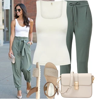 Gala Outfit sa Krem/Bijela/Kaki Majica I Top Veći Broj/Pletivo Veći Broj/Bluza Veći Broj Only "Ljetni outfit za slobodno vrijeme"Look: Krštenje, Fašnik, Koncer, Gala, Bazen