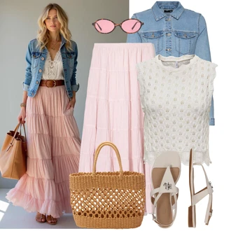 Léto Outfit s Světle modrá/Modrá Džínové Bund/Krátké Džínové Bundičky VERO MODA, Krémová/Bílá/Béžová Pletený top/Krajkované tričko/Krajkový Top/Krajkový Top/Halenka Bez Rukávů/Pletené tričko Only "Lehký outfit"