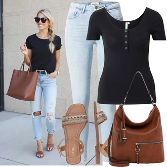 Koncer Outfit sa Crna/Plava/Tamnoplava Majica I Top Veći Broj/Bluza Veći Broj Pieces "Praktičan look"Look: Potvrda, Koncer, Škola