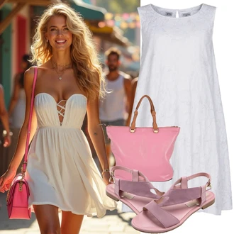 Outfit s Bílá/Krémová Šaty Bez Ramínka/Občanské šaty/Krajkové Šaty/Svatební Šaty/Šaty na Konfirmaci/Francouzské šaty/Boho Šaty na Svatbu/Šaty na Křtiny/Mušelínové šaty True Decadence "Strand Outfit"