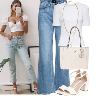 Stil, Western Outfit sa Svjetloplava/Plava Vrećaste Traperice/Muška majica/Trapez Traperice/High Waist Traperice/Culotte Traperice/Traperice s Prorezom/Traperice Opuštenog Kroja/Vintage traperice/Traperice Široke Nogavice VERO MODA "Outfit na léto"Look: Stil, Rap, 90-ich, Bad Taste, klasický, Old Money, 70-ich