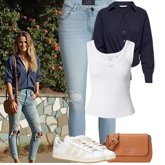 Outfit s Světle modrá Kožená bunda/Džíny s Dírou/Kožené bundy/Kotníková Bota/Zkrácené Džíny/Džíny s Rozparkem/Push up Džín Noisy may "Tenue pour l'été"