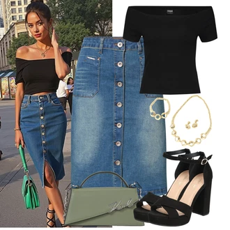 Outfit sa Crna Carmen košulja/Majica bez ramena Urban Classics "Outfit na léto"