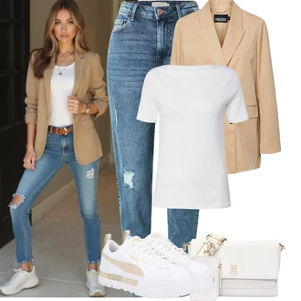 7/8 délka Outfit s Světle modrá/Modrá High Waist Džínové Kalhoty/Kotníková Bota/Boyfriend Džínové kalhoty/Džíny s Rozparkem/Kožené bundy/Džíny s Dírou/Girlfriend Džíny Pieces "Tenue pour l'été"