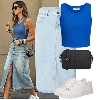 Outfity se stylem 80tá léta s Světle modrá Džínová Sukně/Džínová vintage sukně Object "Tenue pour l'été"Look: Styl, Emo, 90tá léta, Univerzitní, Klasické, 60. Let, 80tá léta