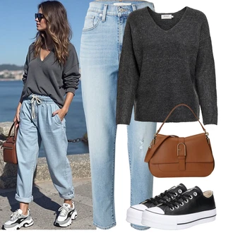 Léto Outfit s Světle modrá Mom Jean/Dámské Džíny s Délkou 7/8/Kotníková Bota/Boyfriend Džínové kalhoty/Zkrácené Džíny/Dad Džíny/Girlfriend Džíny/High Waist Džínové Kalhoty/Džíny s Rozparkem/Džíny s Dírou/Zužující se Džíny/Vintage džíny levi's ®, Hnědá/Béžová Furla, Černá Nízká Teniska/Kožené tenisky/Plátěná teniska/Úzká teniska/Tenisky s Bočním Zipem Converse "Tenue pour l'été"