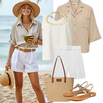 Outfity pro léto s Béžová/Šedá/Khaki/Bílá Košile Vysoký pas Kraťasy/Pytlovitý Šortky/Bermuda/Chino Kraťasy/Lněný kraťas/Mušelínové Šortky/Papírové Šortky/Šortky Mango "Tenue pour l'été"
