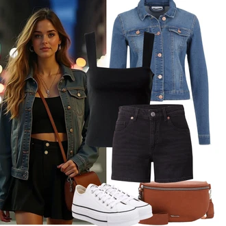Outfity pro léto s Černá Košile Šortky/Džínový Šortky/Mušelínové Šortky/Vysoký pas Kraťasy/Bermuda/Chino Kraťasy VERO MODA "Tenue pour l'été"