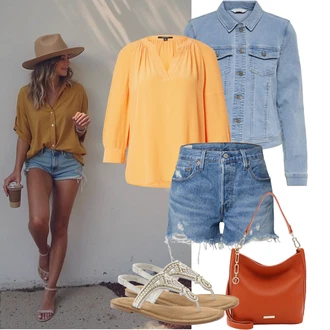 Léto Outfit s Světle modrá/Modrá Krátké Džínové Bundičky/Džínové Bund Only, Oranžová/Hnědá Mušelínová košile Comma, Modrá/Světle modrá Vysoký pas kraťasy/Džínový Šortky levi's ®, Krémová/Béžová/Bílá/Stříbrný Pletený Sandál/Rybářská sandála/Sandál se třpytkami/Vintage sandál/Letní Bota/Sandál S T Páskem Lascana "Tenue pour l'été"