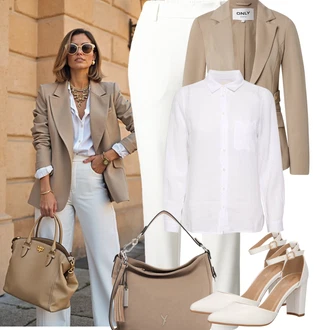 Outfit s Krémová/Bílá/Khaki Boyfriend Kalhoty/Obleková Kalhoty/Navlékací Kalhoty/Ležérní Kalhoty/Kalhoty s Vysokým Pasem/Kalhoty se Štěrbinou/Úzká Kalhoty/Business Kalhoty/Rovná Kalhoty/Chinos/Mušelínové Kalhoty Object "Tenue pour l'été"