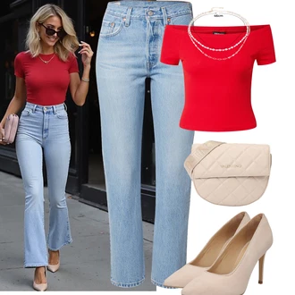 Outfit sa Crvena/Pink Majica bez ramena/Carmen košulja Urban Classics "Outfit na léto"