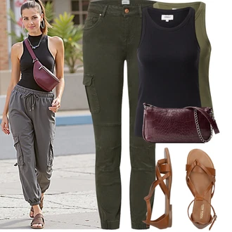 Kombinacije za ljeto Punije sa Tamnozelena/Kaki Hlača Velika Veličina Only, Tamnozelena/Kaki Majica I Top Veći Broj/Bluza Veći Broj Only "Outfit na léto"