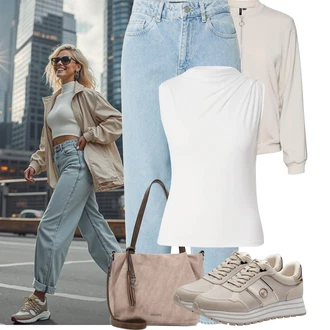 Outfit s Hnědá/Béžová/Khaki Teniska na platformě/Úzká teniska/Teniska teddy/Nízká Teniska/Zimní tenisky/Bota Na Pěší Turistiku/Tenisky s Bočním Zipem/Kožené tenisky Tamaris "Tenue pour l'été"