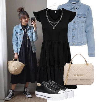 Outfit s Černá Šaty s Kapsou/Žerzejové Šaty/Francouzské šaty/Ležérní Šaty/Bavlněné Šaty/Skater šaty/Šaty S Kosticí/Tunikové šaty/Volánové šaty/Šaty Niki Only, Černá Nízká Teniska/Kožené tenisky/Plátěná teniska/Úzká teniska/Tenisky s Bočním Zipem Converse "Tenue pour l'été"