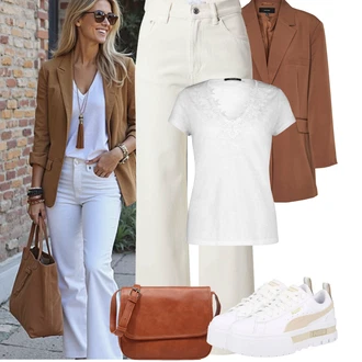90tá léta, Styl Outfit s Krémová/Béžová/Bílá/Khaki Džín s Širokou Nohavicí/Dad Džíny/Zvonové Džíny/High Waist Džínové Kalhoty/Džíny Culottes/Džíny s Rozparkem/Džíny Volného Střihu/Mom Jean/Formální Košile/Vintage džíny & Other Stories "Tenue pour l'été"Look: Styl, 90tá léta, Cool, Venkovní, Univerzitní, Old Money, 70tá léta