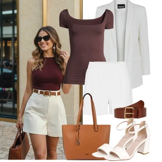 Outfity pro léto s Bílá/Krémová Košile Vysoký pas Kraťasy/Lněný kraťas/Mušelínové Šortky/Šortky/Pytlovitý Šortky VERO MODA "Tenue pour l'été"