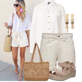 Kombinacije za bucmaste Ležerno sa Smeđa/Bež Dianette Sandala/Sandala na čičak/Sandala s T Remenom/Rimska sandala/Ribarska sandala About You "Lagani outfit"Look: Premium, Ležerno, klasický, Duckfeet, Cowgirl, Western, Pametno ležerno