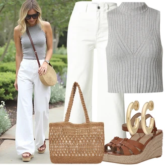 70-ich Outfit sa Kaki/Krem/Bijela Hlače Visokog Struka/Zvonaste Hlače/3/4 Hlača/Široka Hlača/Hlača od Kepera/Culotte Hlačice/Bootcut Hlača/Lepršave Hlača/Marlene Hlača/Hlače s Prorezom about you x iconic by tatiana kucharova "Moderan look za slobodno vrijeme"Look: Rap, GoGo, Stil, Boja, 90-ich, Sveučilišna, cool, 70-ich, Vanjski