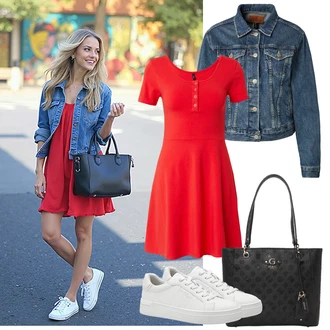 Výstřih na ramena A line Outfit s Červená/Tmavě červená Šaty Do Áčka/Ležérní Šaty/Šaty Fit & Flare/Žerzejové Šaty/Polo Šat/Skater šaty/Tričkové šaty Only "Lehký outfit"