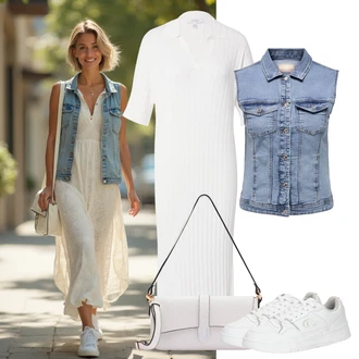 Outfit s Bílá/Krémová Dlouhé pletené šaty/Plisované Šaty/Polo Šat/Občanské šaty/Košilové šaty B.young "Lehký outfit"