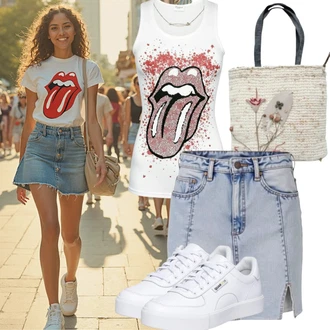 Kombinacije sa stilom Estetika sa Bijela Niska Tenisica/Tanka tenisica/Tenisica s platformom/Rupičasta tenisica Puma "Zabavan Izgled"Look: Skater, Sportski, Ležerno, Unisex, Disko, Bad Taste, Estetika