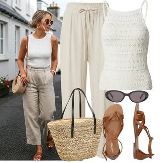 Outfit s Hnědá/Béžová Sandál S T Páskem/Vintage sandál/Páskový Sandál/Gladiátorská sandála/Římská sandála/Letní Bota About You "Módní outfit pro volný čas"