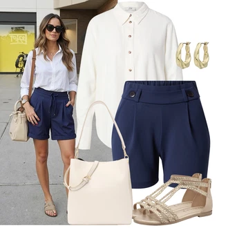 Léto Outfit s Modrá/Tmavě modrá Košile Šortky/Vysoký pas Kraťasy/Mušelínové Šortky/Bermuda JdY "Módní outfit pro volný čas"