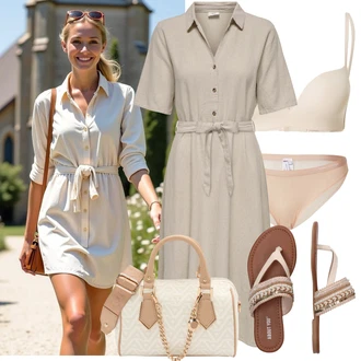 Outfit s Béžová/Růžová/Krémová Pletený Sandál/Letní Bota About You "Volnočasový Outfit"