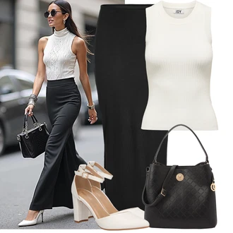 Léto Outfit s Černá Dlouhá Sukně/Tužková sukně/Midi Sukně/Pletená sukně/Sukně do Délky Lýtka/Maxi sukně Noisy may, Bílá/Krémová Letní Bota/Sandál s podpatkem/Pohodlná lodička/Boty Mary Jane/Sandál Na Širokém Podpatku/Přezková bota/Lodička s T-páskem/Sandál Na Podpatku/Vintage Lodička About You "Outfity na každý den"