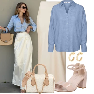 Vysoké Podpatky Outfit s Růžová/Hnědá/Béžová Bota Sandál Na Podpatku/Sandál s podpatkem/Sandál Na Širokém Podpatku About You "Cool outfity na volný čas"