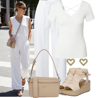 Outfit s Bílá/Krémová Dlouhá Kalhoty/Lněné Kalhoty/Tradiční Kalhoty/Domácí Kalhoty/Navlékací Kalhoty/Plyšová Kalhoty/Pyžamová Kalhoty/Bavlněná Kalhoty/Relaxační kalhoty/Žerzejová Kalhoty/Mušelínové kalhoty VERO MODA "Stylový vzhled pro volný čas"