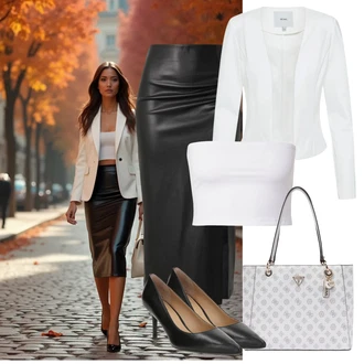 outfit mit Krem/Bela Plašč/Bluza in Tunika/Pletene velika velikost/Bluza velika velikost/Srajca & majica velike velikosti Ichi, Črna/Rjava/Bela Poslovna Obutev/Udobna črpalka/Čevelj Z Visoko Peto/Visoka Peta Črpalka/Črpalka z Nizko Petom/Slingback Črpalka/Vintage Črpalka Polo Ralph Lauren "eleganten jesenski videz"