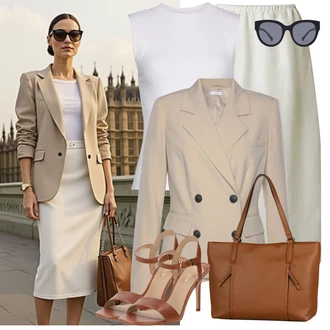 Léto Outfit s Bílá/Khaki about you x marie von behrens, Bílá/Krémová Muskulární Tričko/Halenka Bez Rukávů/Tričko s grafikou Lascana, Béžová/Khaki/Hnědá Lascana, Černá/Tmavě modrá/Šedá/Modrá Sluneční Brýle HAWKERS, Hnědá/Béžová Polo Ralph Lauren "Elegantní letní outfit"