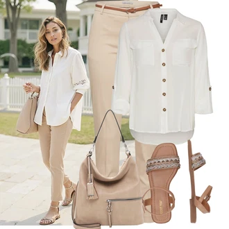 Léto Outfit s Béžová/Khaki Kalhoty se Štěrbinou/Úzká Kalhoty/Ležérní Kalhoty/Obleková Kalhoty/Twillová Kalhoty/Business Kalhoty/Kalhoty s Vysokým Pasem/Skinny Kalhoty B.young, Šedá/Khaki/Bílá/Hnědá/Béžová/Světle zelená Tunikové Tričko/Halenka S 3/4 Rukávem/Blůza s nášivkou na lokti/Oversize Muselínová Blůza/Kožená bunda/Blůza s knoflíčkem Vero Moda Tall, Šedá/Béžová/Hnědá Velká taška/Taška/Taška Přes Rameno/Brašna/Shopper taška/Sportovní Taška Přes Rameno Tamaris "Outfity na každý den"