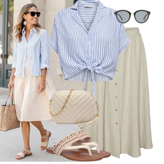 Léto Outfit s Lilové barvy/Světle modrá/Modrá/Tmavě modrá Halenka a Tunika/Halenka Móda Pro Plnoštíhlou Only, Béžová/Růžová/Krémová Pletený Sandál/Letní Bota About You, Bílá/Béžová/Khaki/Zlatý Pásková taška/Ledvinka/Klasická Taška Přes Rameno/Malá Taška/Taška na telefon/Brašna/Sportovní Taška Přes Rameno About You "Outfity na každý den"