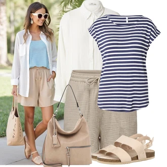 Léto Outfit s Šedá/Béžová/Hnědá/Khaki Mušelínové Šortky/Lněný kraťas Only, Modrá/Tmavě modrá/Světle modrá Pruhované Tričko Hailys, Béžová/Hnědá About You, Šedá/Béžová/Hnědá Velká taška/Taška/Taška Přes Rameno/Brašna/Shopper taška/Sportovní Taška Přes Rameno Tamaris "Outfity na každý den"