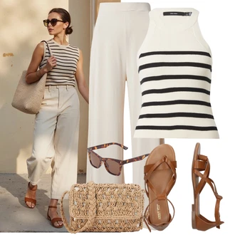 Léto Outfit s Bílá/Béžová/Tmavě modrá/Krémová/Khaki Halenka Bez Rukávů/Pletený top VERO MODA, Hnědá/Béžová Sandál S T Páskem/Vintage sandál/Páskový Sandál/Gladiátorská sandála/Římská sandála/Letní Bota About You "Outfity na každý den"