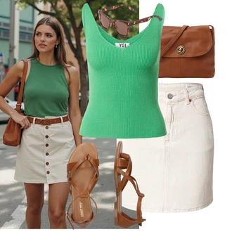 Léto Outfit s Hnědá/Béžová/Žlutá Taška Přes Rameno/Klasická Taška Přes Rameno/Sportovní Taška Přes Rameno/Brašna/Dopisová peněženka/Taška na Macbook/Taška Pieces, Zelená/Neonové barvy/Tyrkysový Pánské boty/Pletený top/Halenka Bez Rukávů/Tílko JdY, Hnědá/Béžová Sandál S T Páskem/Vintage sandál/Páskový Sandál/Gladiátorská sandála/Římská sandála/Letní Bota About You "Outfity na každý den"