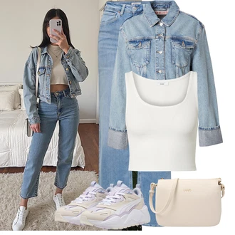 Outfit s Světle modrá Džín s Širokou Nohavicí/Dámské Džíny s Délkou 7/8/Zkrácené Džíny/Vintage džíny/Džíny Volného Střihu/Dad Džíny/Pánské tričko/Džíny s Rozparkem/Zvonové Džíny/Džíny Culottes Only "Hezký letní vzhled"