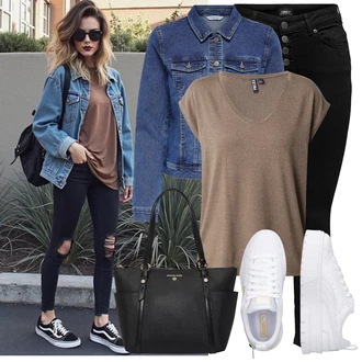 Outfity pro zábavu Od 40 let s Tmavě modrá/Modrá/Světle modrá Džínové Bund/Krátké Džínové Bundičky Only, Hnědá/Šedá/Béžová/Khaki Tričko/Jednoduchý top/Tričko s vodopádovým výstřihem/Pletené tričko/Tričko s krátkým rukávem/Zavinovací Tričko Pieces, Černá/Šedá/Tmavě šedá/Béžová/Hnědá Nezařazené MICHAEL Michael Kors, Šedá/Bílá Teniska na platformě/Nízká Teniska Puma "Každodenní vzhled"