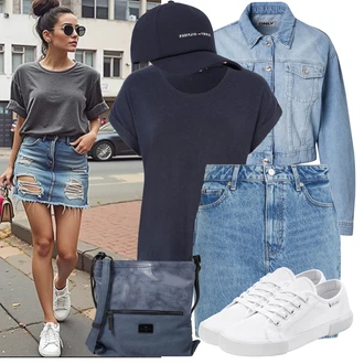 Ležérní Narozeniny Outfit s Tmavě modrá Tričko/Tričko s vodopádovým výstřihem/Pletené tričko/Tričko nadměrné velikosti/Tričko s krátkým rukávem/Top/Zavinovací Tričko Only "Každodenní vzhled"Look: Ležérní, Old Money, Nadrozměrné, Bar, 18. narozeniny, Karneval, Koncert, Škola, Narozeniny