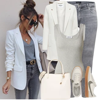 Outfit s Šedá/Světle šedá/Stříbrný Halenka Bez Rukávů/Pánské boty/Pletený top/Tričko s grafikou Edited "Každodenní vzhled"