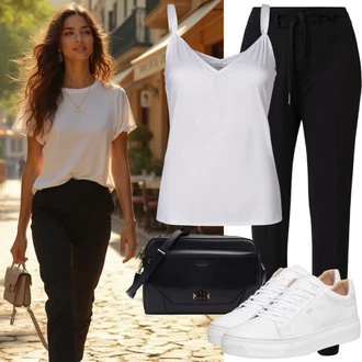 Outfit s Černá Střmenová Kalhoty/Paperbag Kalhoty/Kalhoty s Vysokým Pasem/Pletený Legín VERO MODA "Krásný letní vzhled"