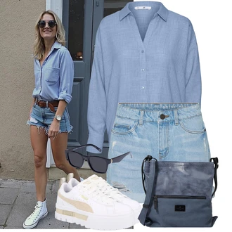 Outfity s boyfriend džínami Léto s Světle modrá Džíny s Dírou/Džíny Culottes/Džíny s Rozparkem/Navlékací džíny/Kožené bundy/Boyfriend Džínové kalhoty Noisy may, Šedá/Bílá/Béžová Nízká Teniska/Teniska na platformě Puma "Praktický vzhled"