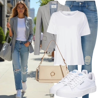 Výstřih kolem krku Outfit s Šedá/Bílá/Krémová Tričko/Jednoduchý Top/Mužské běžecké boty/Fancy tričko/Funkční tričko/Pletené tričko/Dlouhá košile/Tričko s krátkým rukávem/Roláková Košile VERO MODA "Letní vzhled pro každodenní nošení"