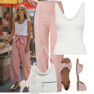 Narozeniny Outfit s Růžová Mušelínové kalhoty/Mrkvová Kalhoty/Kalhoty s Vysokým Pasem/Rovná Kalhoty/Kalhoty se Štěrbinou/Kalhoty s nášivkou uprostřed/Obleková Kalhoty Edited "Stylový vzhled pro volný čas"Look: Bar, 18. narozeniny, 30. narozeniny, Koncert, Firemní večírek, Chatky, Den matek, Škola, Valentýn, Narozeniny