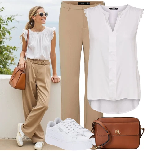 Kombinace Béžová/Khaki Zimní Kalhoty/Rovná Kalhoty/Kalhoty Bootcut/Boyfriend Kalhoty/Twillová Kalhoty/Mušelínové Kalhoty/Kalhoty se Štěrbinou/Ležérní Kalhoty VERO MODA kombinovat s Bílá/Šedá/Hnědá Halenka Móda Pro Plnoštíhlou/Tunika Only