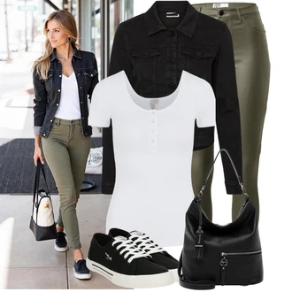 Outfit s Tmavě zelená/Khaki Kožená bunda/Motorkářské Džíny/High Waist Džínové Kalhoty/Džíny s Rozparkem/Termální Džíny JdY "Módní outfit pro volný čas"