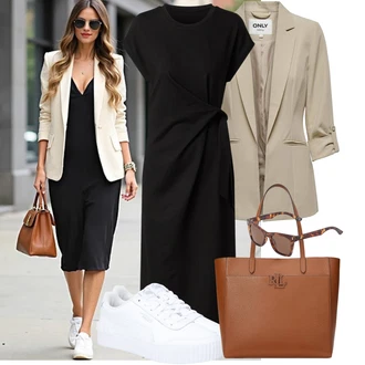 Outfit s Černá/Šedá Žerzejové Šaty/Dlouhé pletené šaty/Občanské šaty/Midi Šaty/Šaty S Rovným Střihem/Zavinovací Šaty/Šaty pro Svatebního Hosta Společenské šaty pro hosta/Šaty s Páskem/Šaty s Rozparkem Edited "Módní outfit pro volný čas"